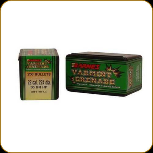 Barnes - 22 Cal - 36 Gr - Varmint Grenade - Hollow Point Flat Base - 250ct - 30189