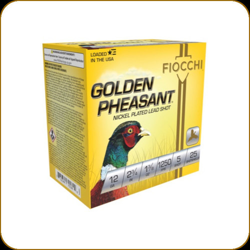 Fiocchi - 12 Ga 2.75" - 1 3/8oz - Shot 5 - Golden Pheasant - Nickel Plated Lead Shot - 25ct - 12GP5 Fiocchi - 12 Ga 2.75" - 1 3/8oz - Shot 5 - Golden Pheasant - Nickel Plated Lead Shot - 25ct - 12GP5