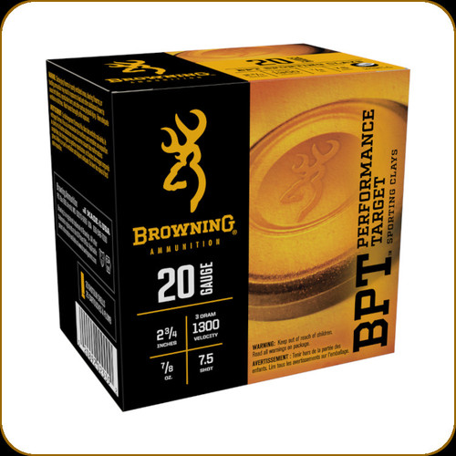 Browning - 20 Ga 2.75" - 7/8oz - Shot 7.5 - BPT Performance Target - Sporting Clays - 25ct - B193632027 Browning - 20 Ga 2.75" - 7/8oz - Shot 7.5 - BPT Performance Target - Sporting Clays - 25ct - B193632027