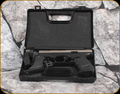 Consign - Walther - .177cal - CP99 - C02 semi-auto repeater, black polymer frame/nickel slide finish, 3.5"barrel, 360 FPS, SA/DA action trigger, open fixed rear sight, integrated accessory rail, interchangeable backstrap - in black hard case