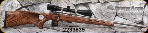 Consign - Savage Arms - 17HMR - Model 93R17 BTVSS - Brown Laminate thumbhole stock/Stainless Finish, 21"Button-rifled, heavy barrel, AccuTrigger, Detachable box magazine, c/w Bushnell Banner, 3.5-10x36, plex reticle