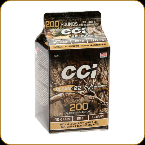 CCI - 22 LR - 40 Gr - Clean-22 - Poly-Coated Lead Tan, Green and Black Round Nose - 200rd Realtree Pour Pack - 967CC