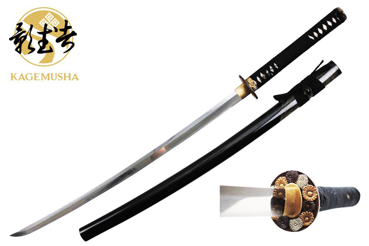 Kagemusha 1060 Carbon Steel Handmade Sword Samurai Katana Paulownia Mon Gold Plated Tsuba