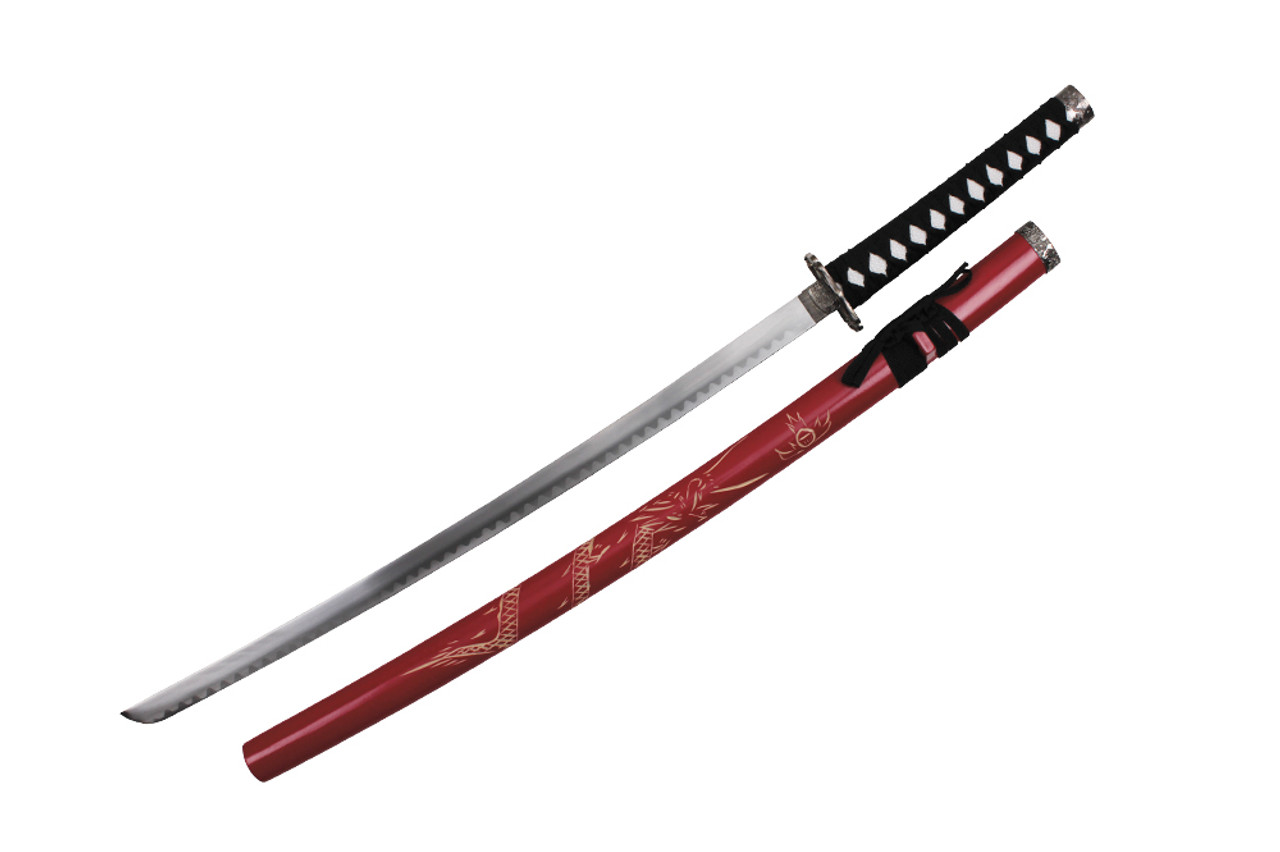 Red Katana Sword with Dragon Engraved Scabbard