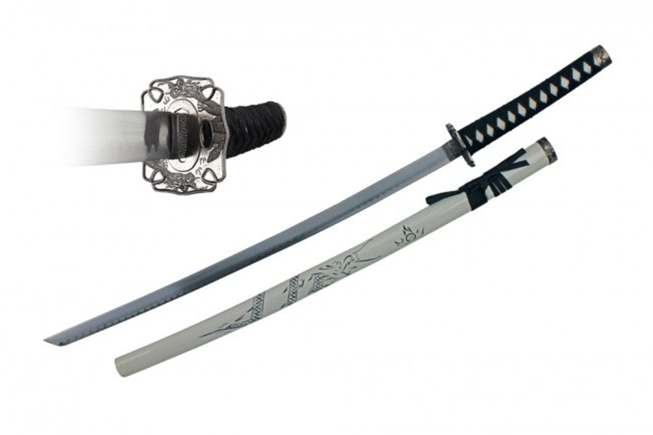 40" Replica white Katana w/ Carved Dragon Scabbard