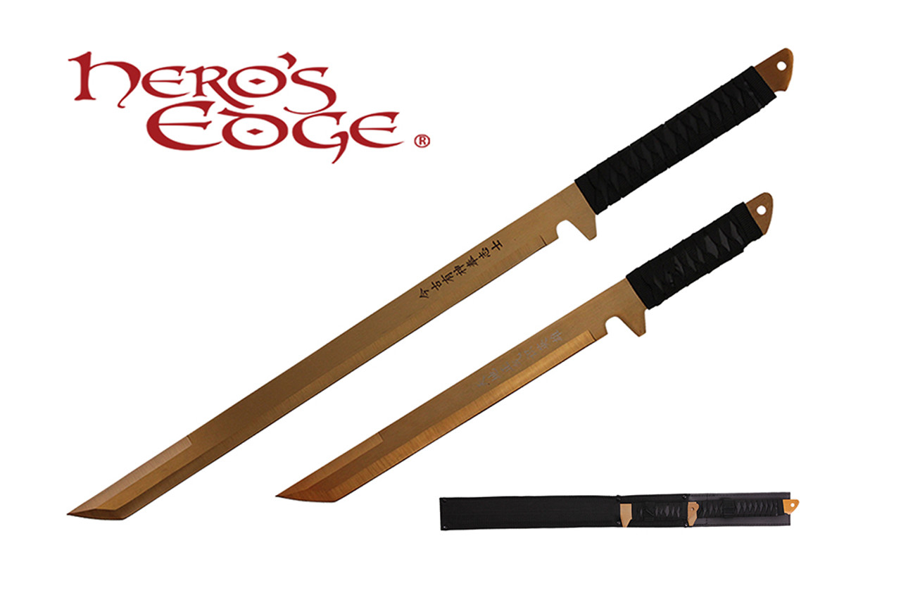 2 PC Set Full Tang Gold Blade Straight Ninja Sword with Sheath