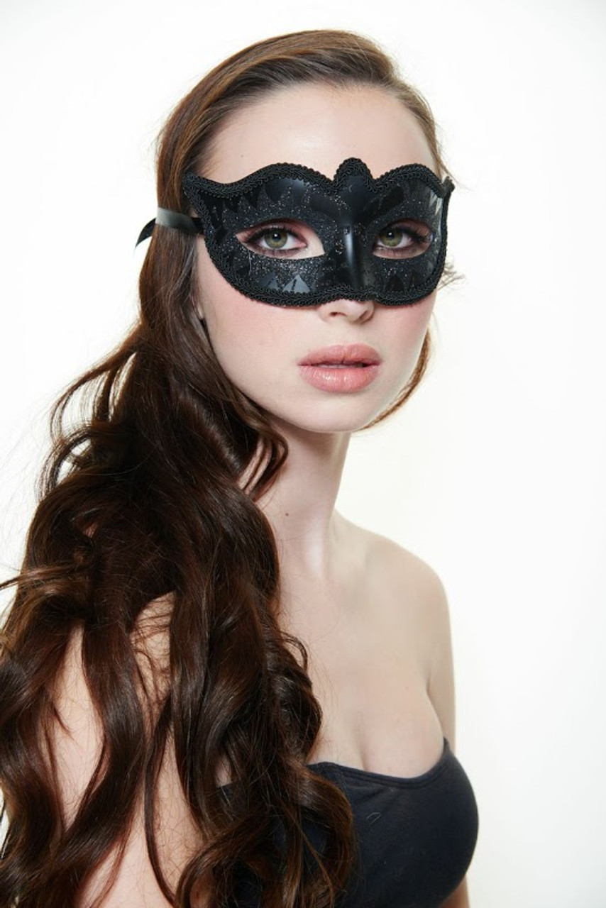 Black Plastic Masquerade Mask with Black Glitter Swan