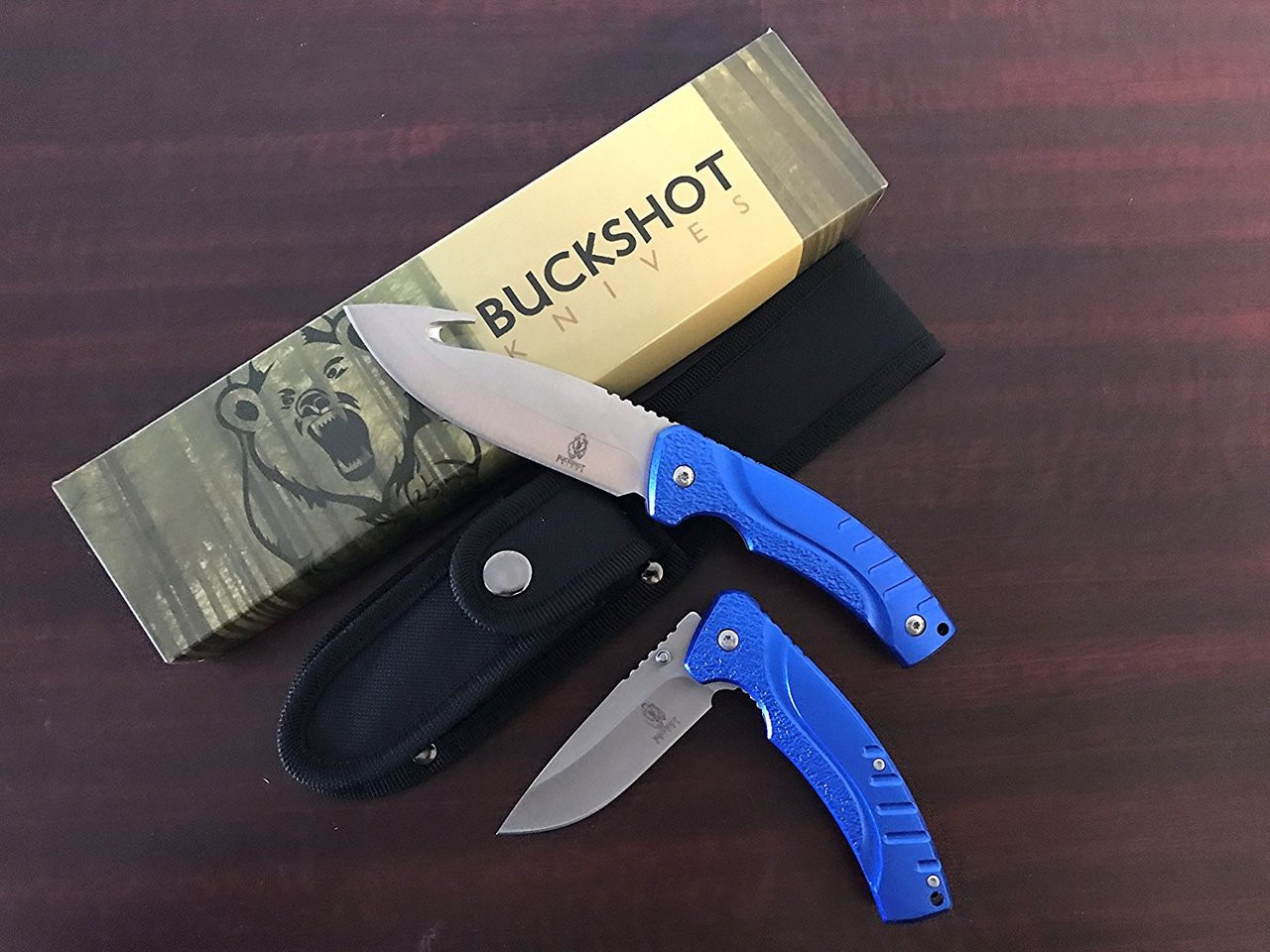 Buckshot Knives Full tang camping hunting knife & pocket knife set - HBK10BL