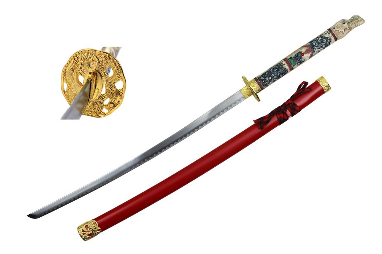 Closed Mouth Dragon Samurai Katana Sword with Red Scabbard