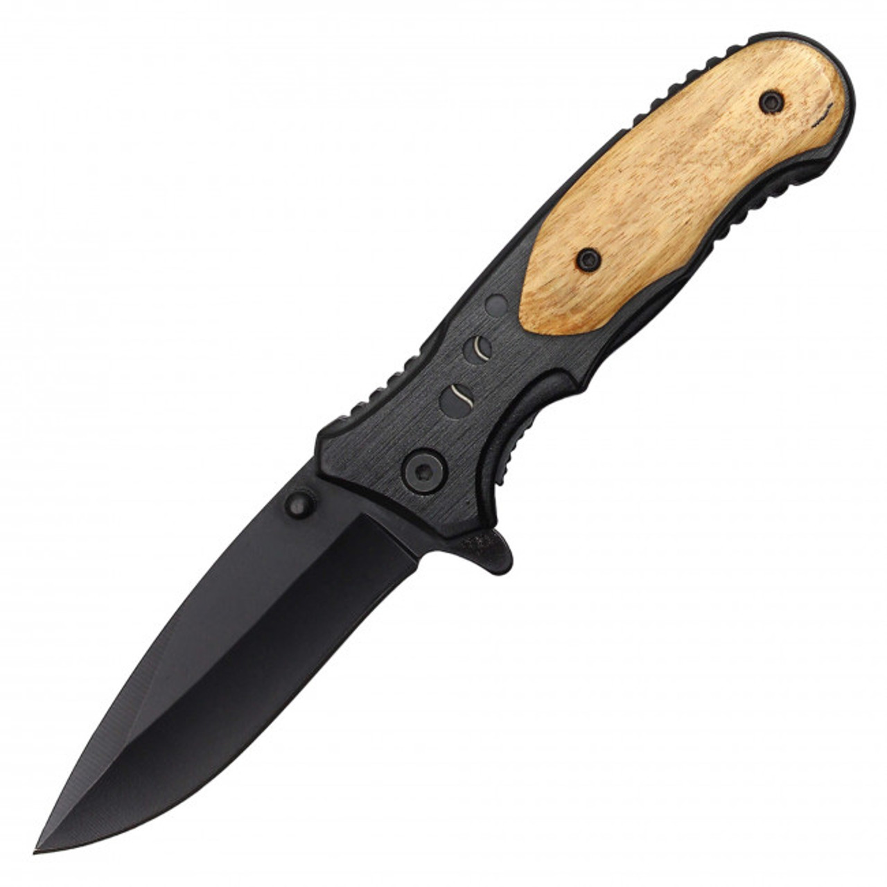 7.75" Black Assisted Pocket Knife W/ Wooden Handle