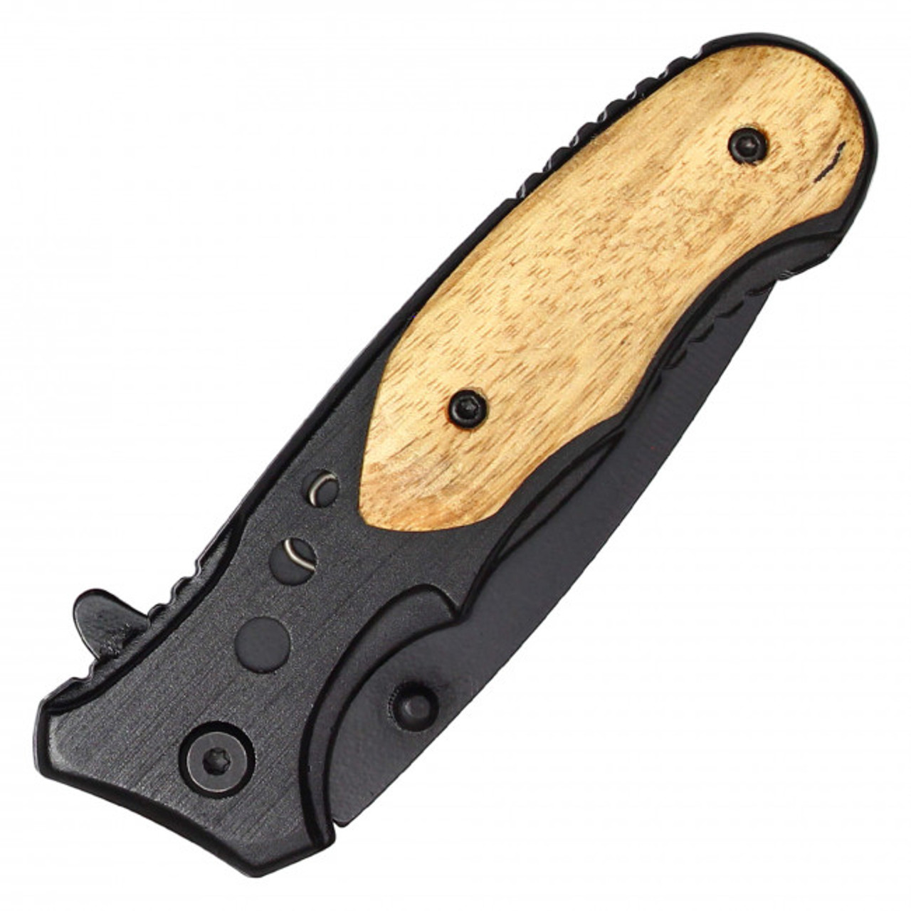 7.75" Black Assisted Pocket Knife W/ Wooden Handle
