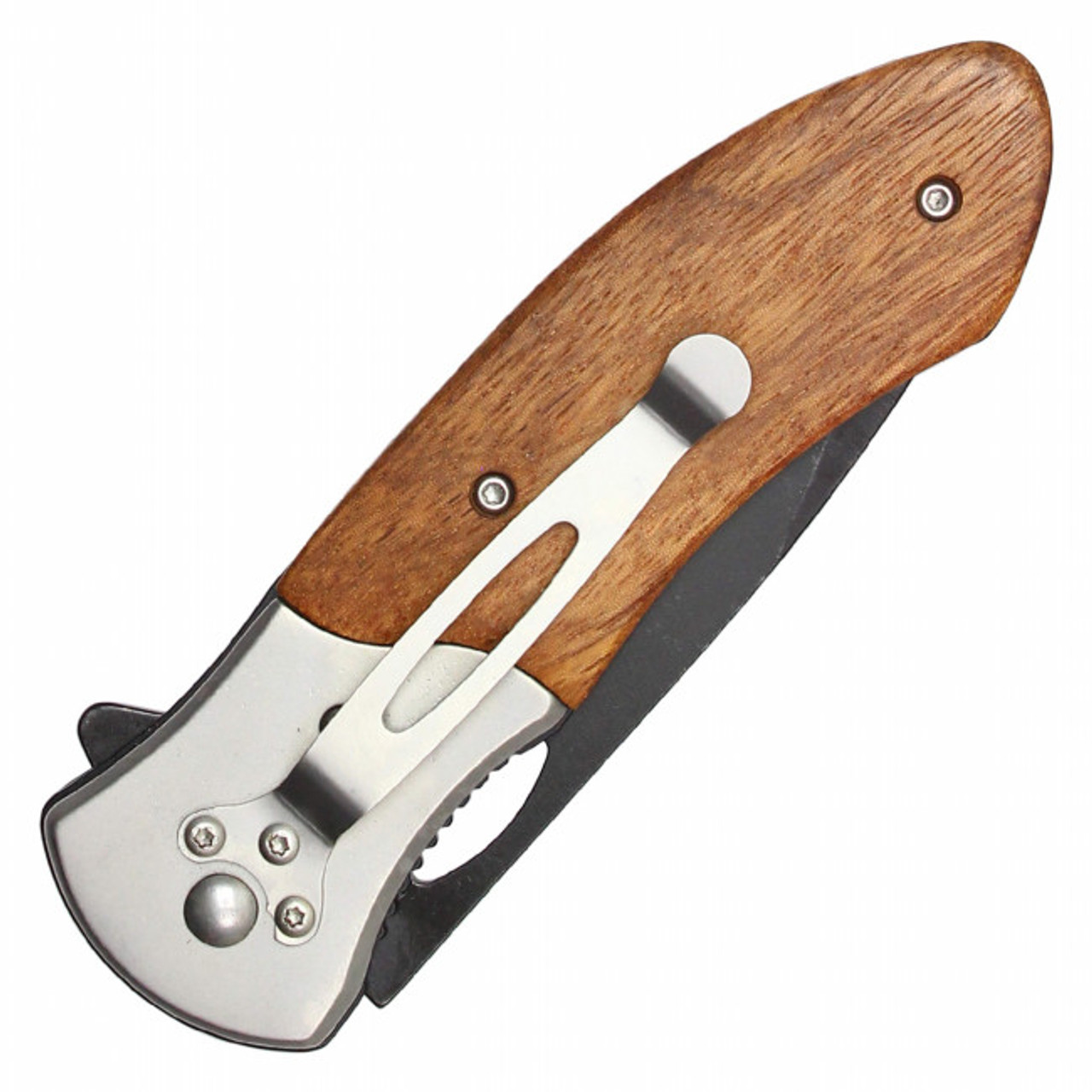8" Black Serrated Chrome Pocket Knife W/ Wooden Handle