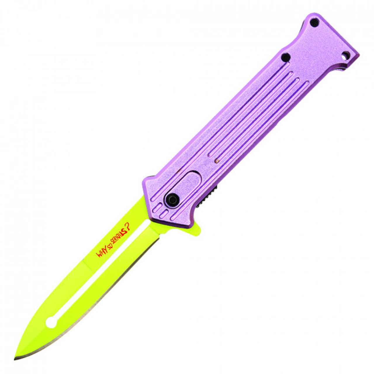 8" "WHY SO SERIOUS" Purple Pocket Knife w/ Volt Green Blade