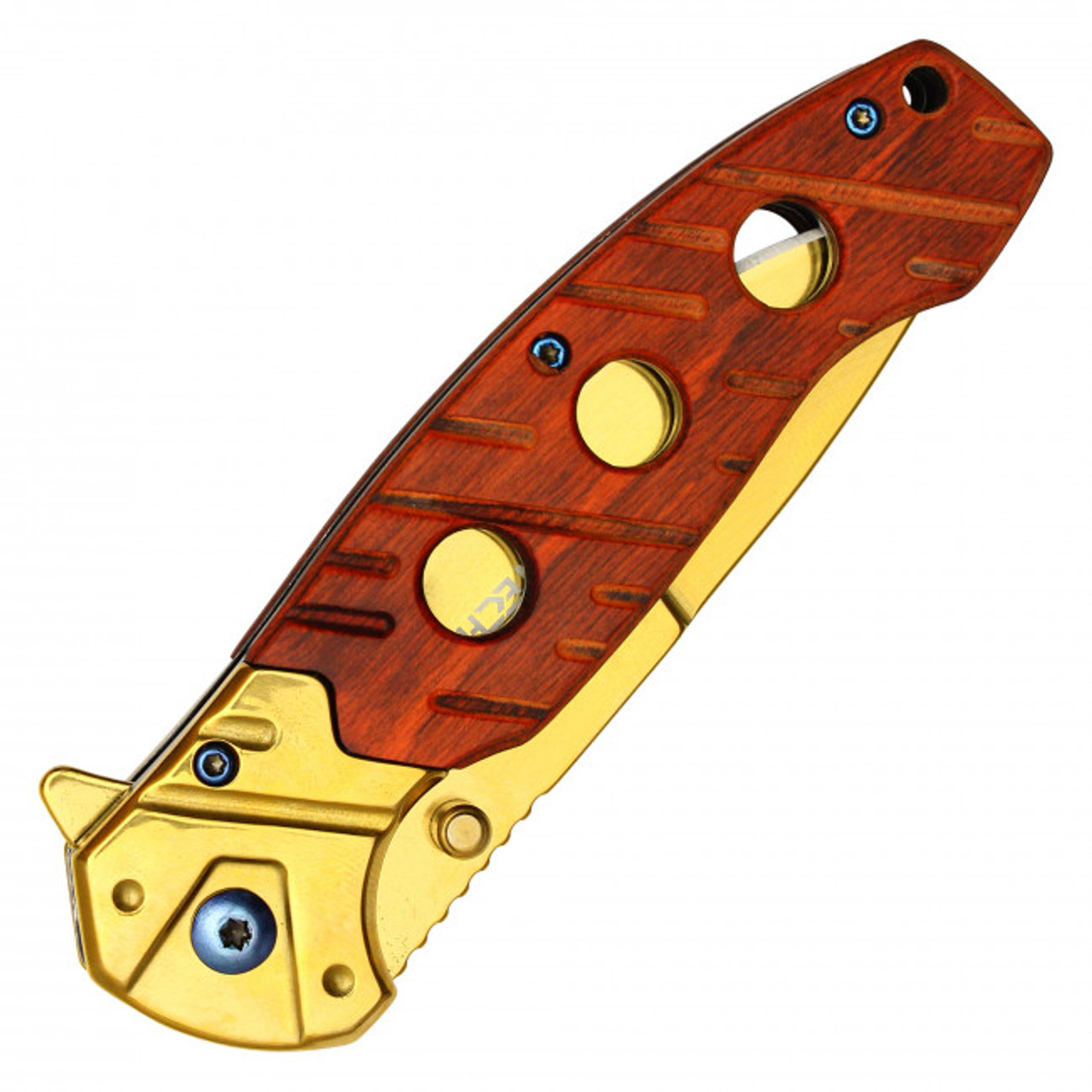 8" Wartech Black Wood Pocket Knife - Gold