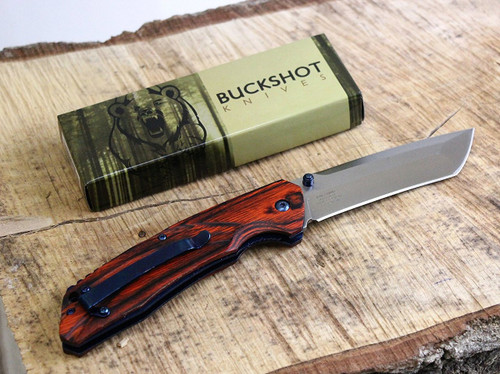 Buckshot Knives PBK220WD Thumb Open Spring Assisted Tanto Cleaver Classic Wood Handle Pocket Knives