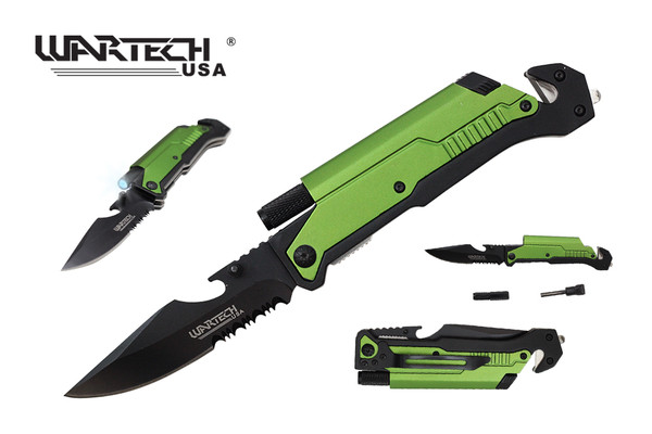 8" Wartech Tactical Spring Assisted Opening Folding Knife with LED Light and Fire Starter - YCS9045GN