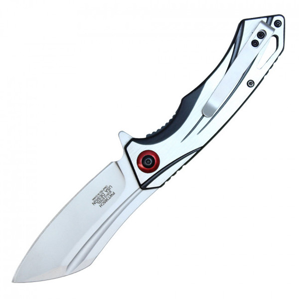 8" Chrome Stainless Steel Assisted Pocket Knife w/ Chrome Handle & Red Accent 8" Chrome Stainless Steel Assisted Pocket Knife w/ Chrome Handle & Red Accent
