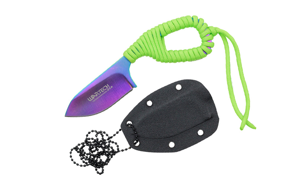 Survival Necklace Knife with Sheath Rainbow Blade Wrapped Survival Necklace Knife with Sheath Rainbow Blade Wrapped