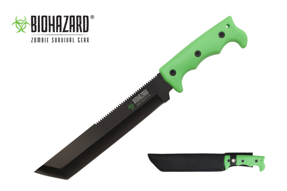 14" Biohazard Zombie "Devil's Harvest" Hunting Knife with Serrated Blade and Green Handle