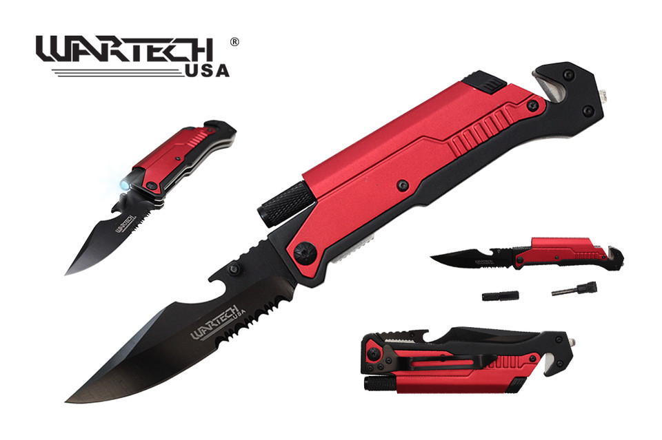 8" Wartech Tactical Spring Assisted Opening Folding Knife with LED Light and Fire Starter - YCS9045RD