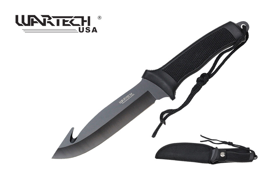 11" Black Fixed Hook Blade Hunting Knife with Sheath