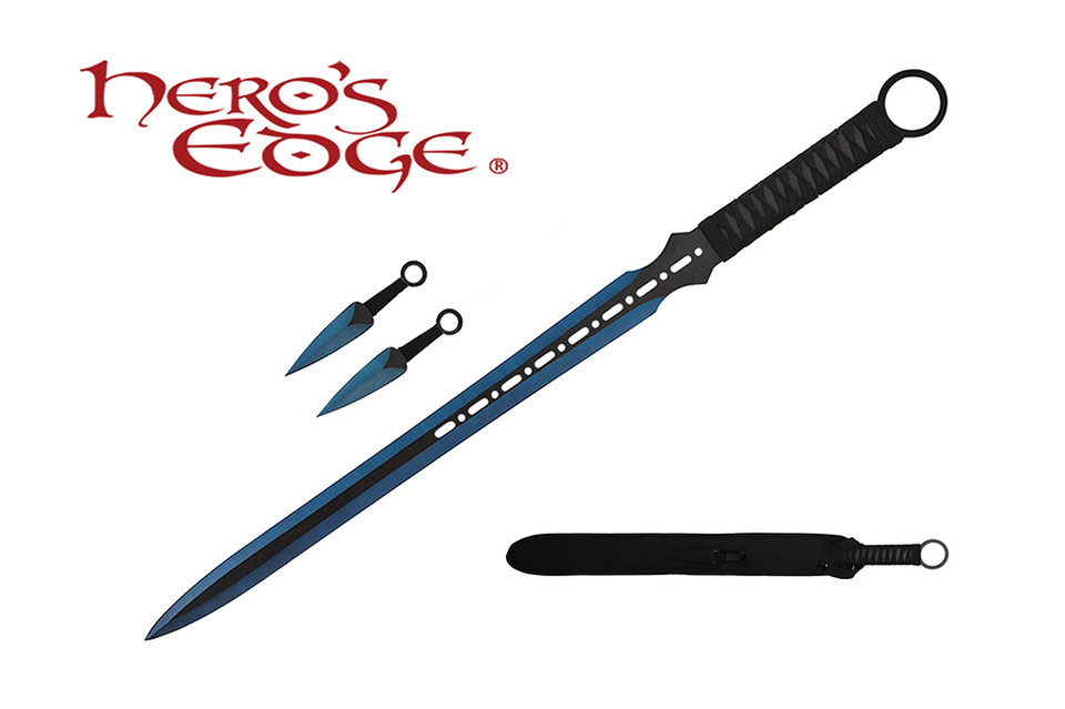 1 PC Full Tang Blue Blade Straight Ninja Sword with Two Knives