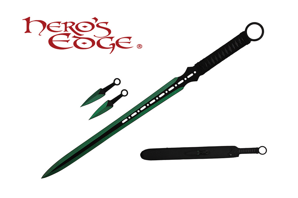 1 PC Full Tang Green Blade Straight Ninja Sword with Two Knives
