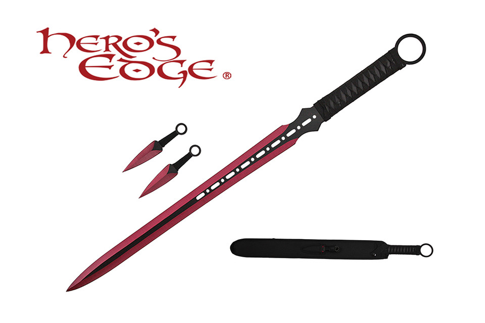 1 PC Full Tang RED Blade Straight Ninja Sword with Two Knives