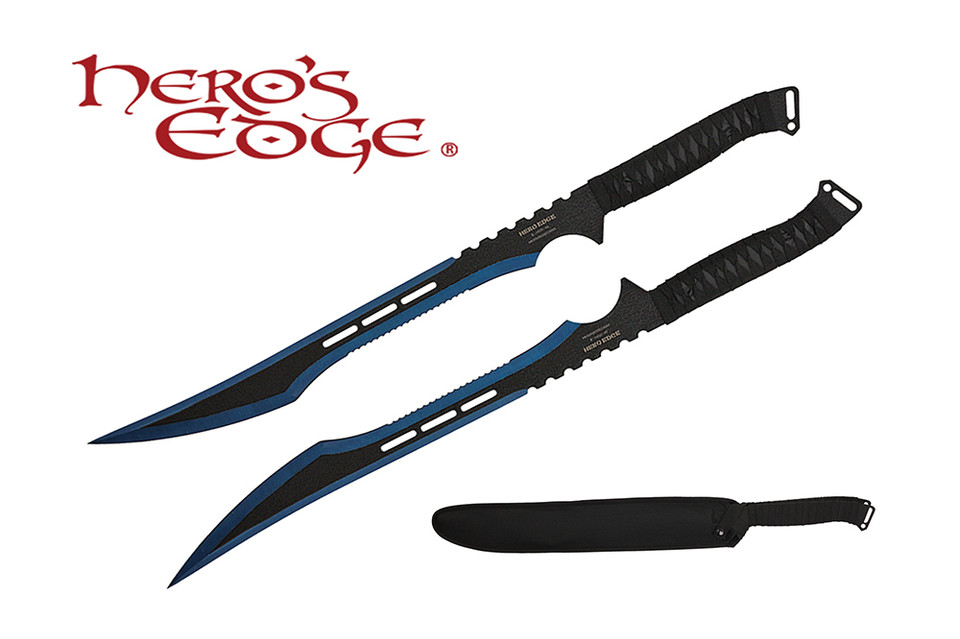 2 PC Set Full Tang 2 Tone Blue Blade Straight Ninja Sword with Sheath