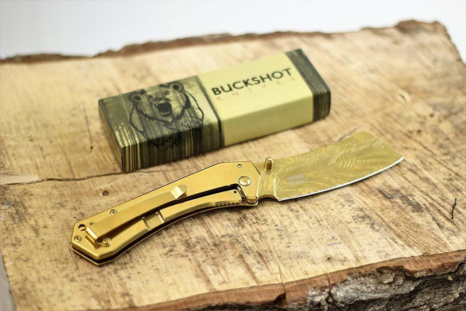 Buckshot Knives PBK222GD Thumb Open Spring Assisted Tanto Cleaver Pocket Knives
