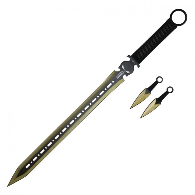 27" Technicolor Ninja Sword w/ Throwing Knives Set - Gold