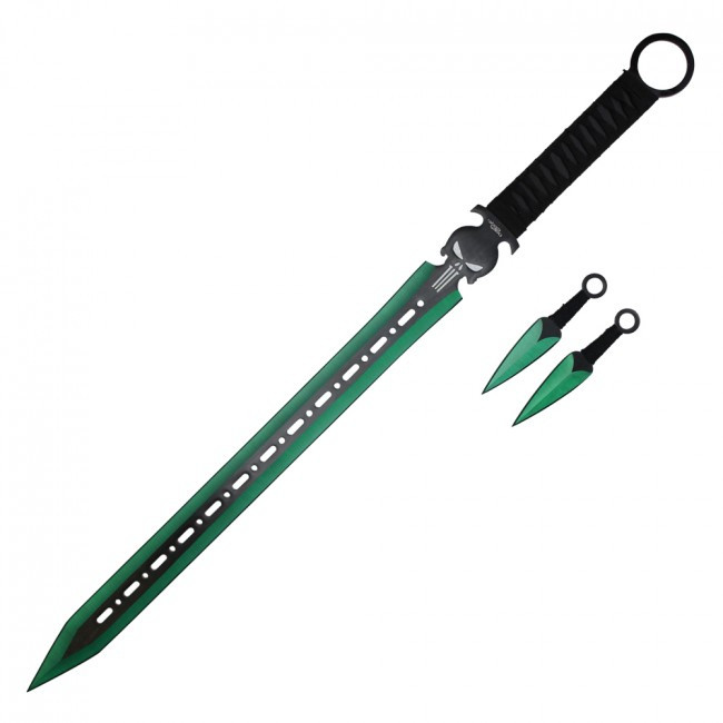 27" Technicolor Ninja Sword w/ Throwing Knives Set - Green