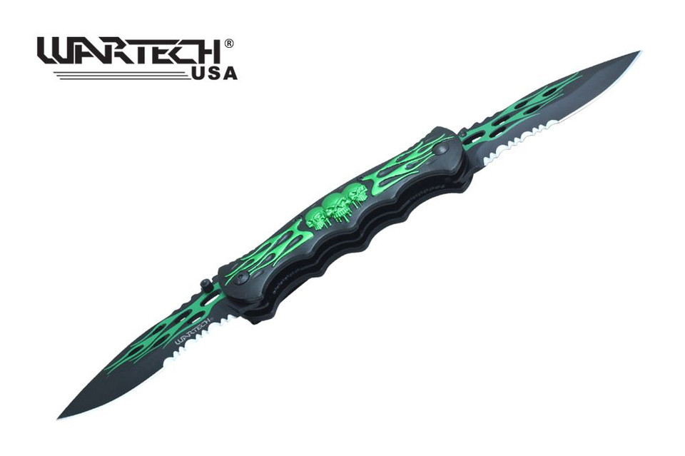 WARTECH THUMB OPEN SPRING ASSISTED DOUBLE BLADE SKULL FRAMES HANDLE KNIFE (GREEN)