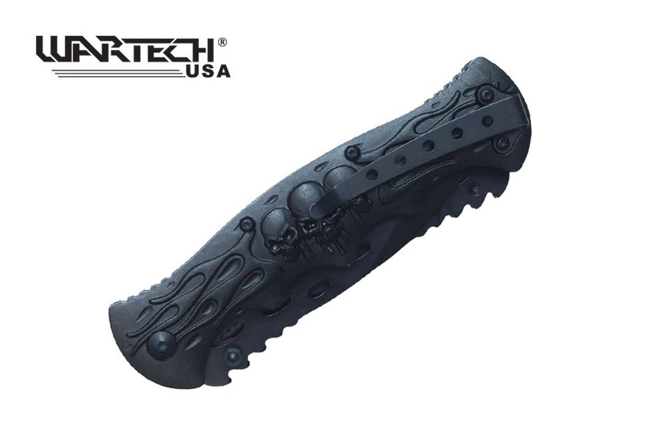 WARTECH THUMB OPEN SPRING ASSISTED DOUBLE BLADE SKULL FRAMES HANDLE KNIFE (GREEN)