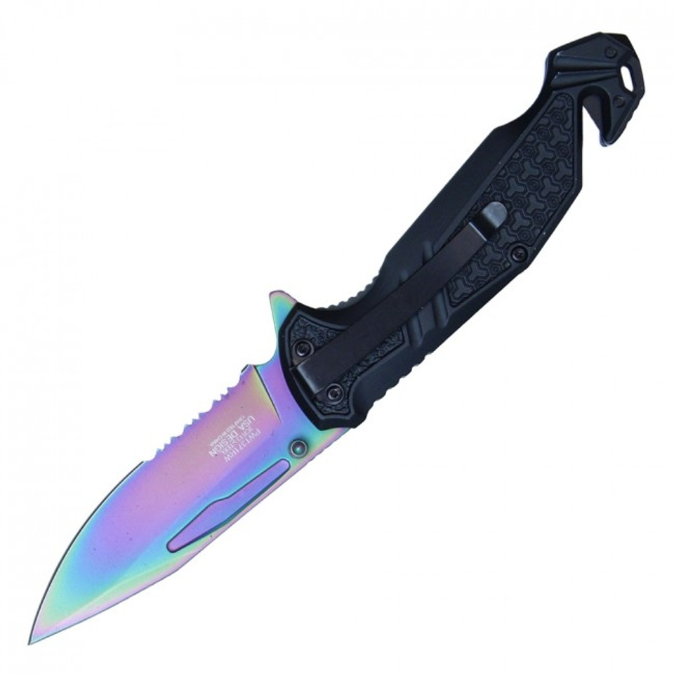 8 1/4” ASSISTED OPEN POCKET KNIFE INCLUDES BELT CLIP, LANYARD HOLE & CORD CUTTER - RAINBOW