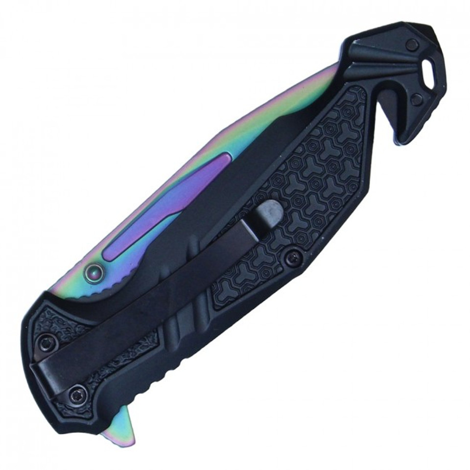 8 1/4” ASSISTED OPEN POCKET KNIFE INCLUDES BELT CLIP, LANYARD HOLE & CORD CUTTER - RAINBOW
