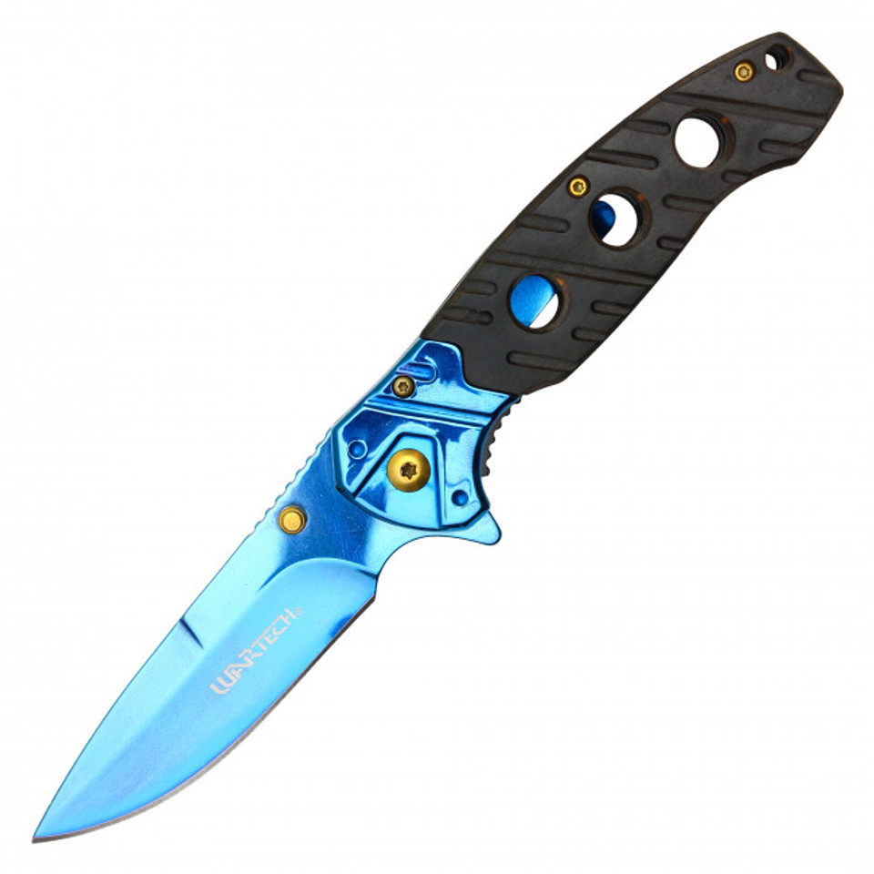 8" Wartech Black Wood Pocket Knife - Blue