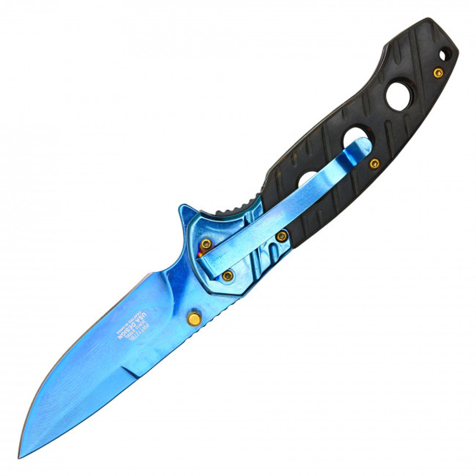 8" Wartech Black Wood Pocket Knife - Blue