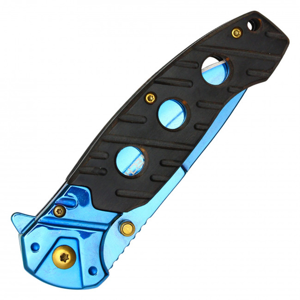 8" Wartech Black Wood Pocket Knife - Blue