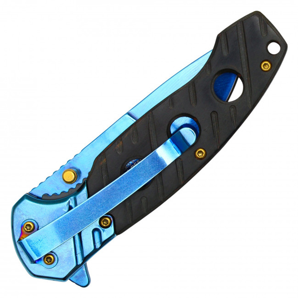 8" Wartech Black Wood Pocket Knife - Blue
