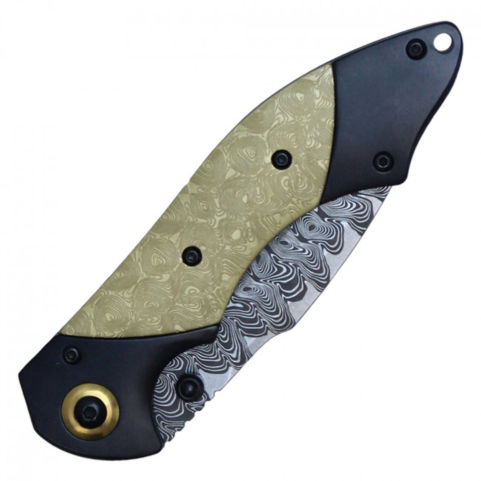 8 3/8" Assisted Open Damascus Etched Pocket Knife