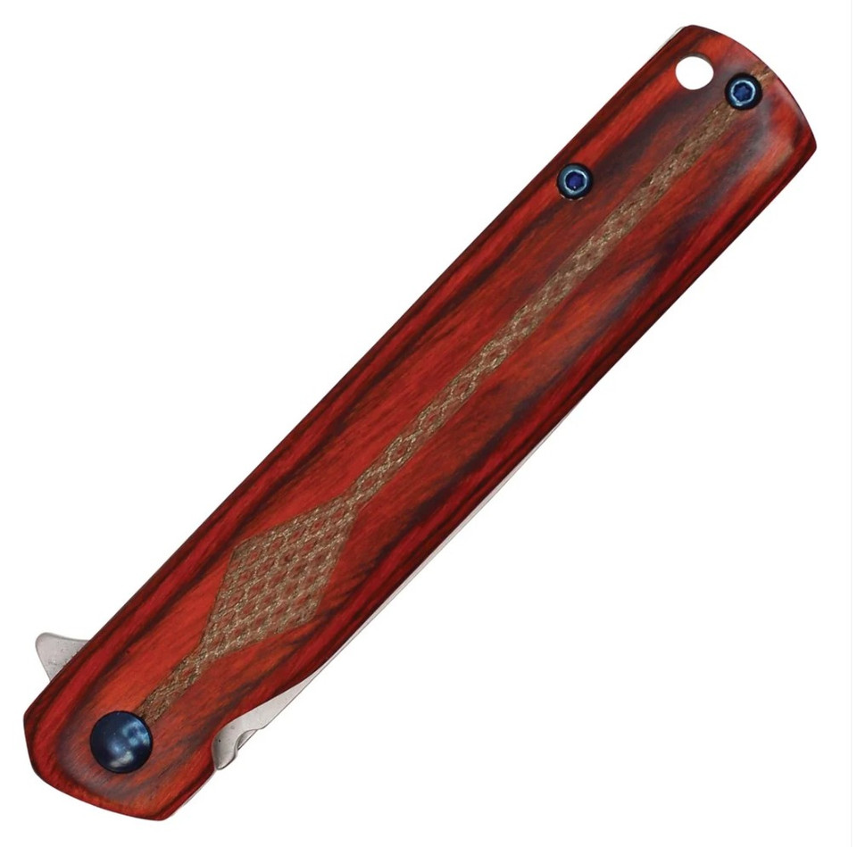 8" Red Wood Pocket Knife w/ Patterned Handle