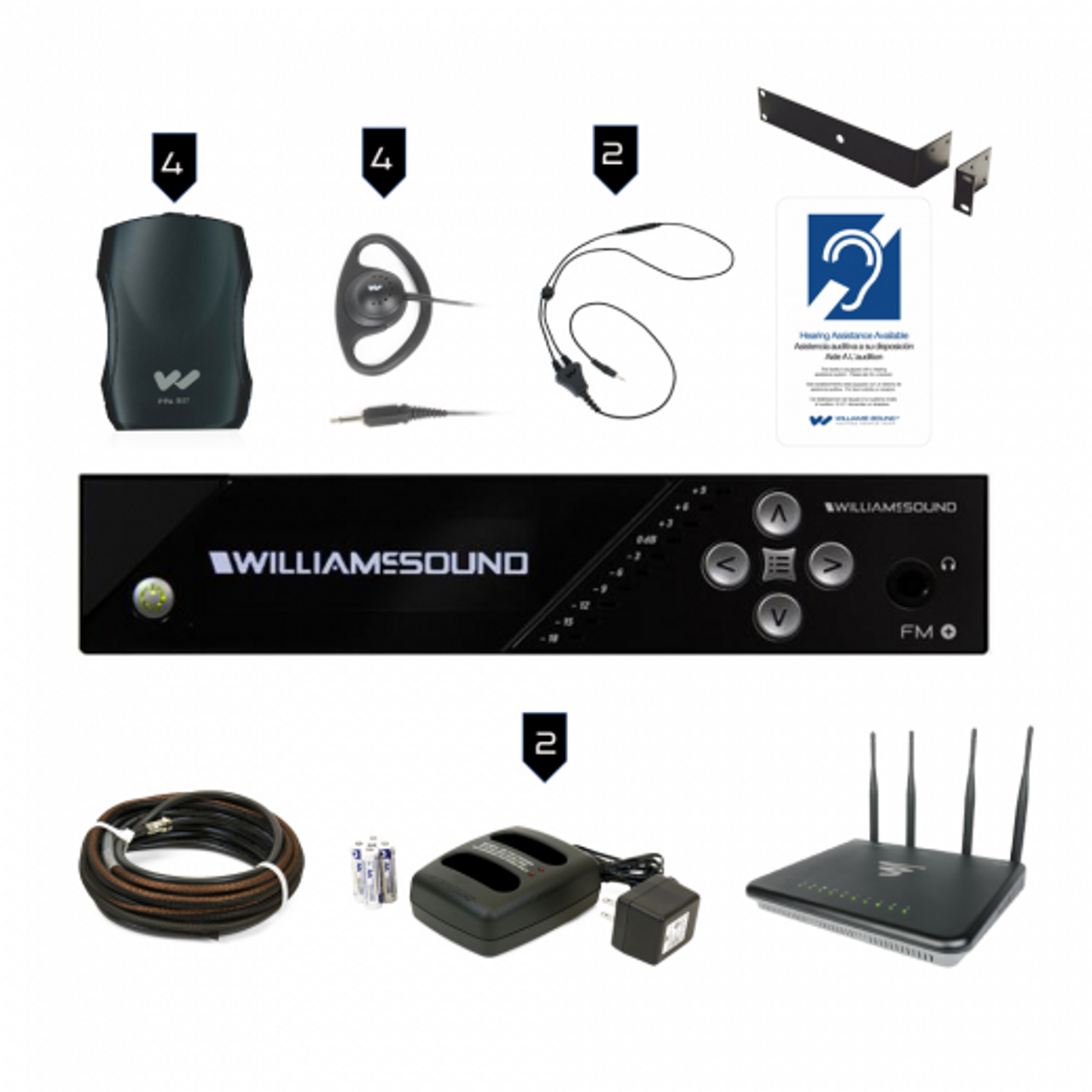 Williams Sound FM  557 PRO WAP - Williams Sound FM Plus Large-area Dual FM and Wi-Fi Assistive Listening system with 4 FM R37 Receivers WF WR10 Wireless Access Point FM 557 PRO WAP, Includes 1 FM T55 transmitter, 4 PPA R37N receivers, 4 EAR 022 surround earphones, 2 NKL 001 neckloops, 2 BAT KT6 two-bay chargers and rechargeable batteries, 1 ANT 005 remote coaxial antenna, 1 IDP 008 ADA wall plaque, 1 RPK 005 rack panel kit, 1 WF WR10 Wireless Access Point