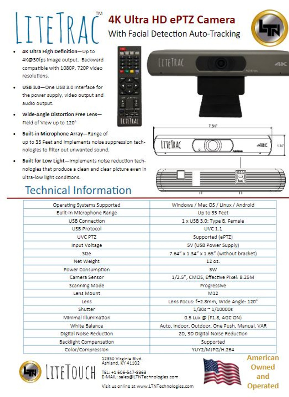 LiteTouch LiteTrac 4K Auto-Tracking ePTZ videoconference camera