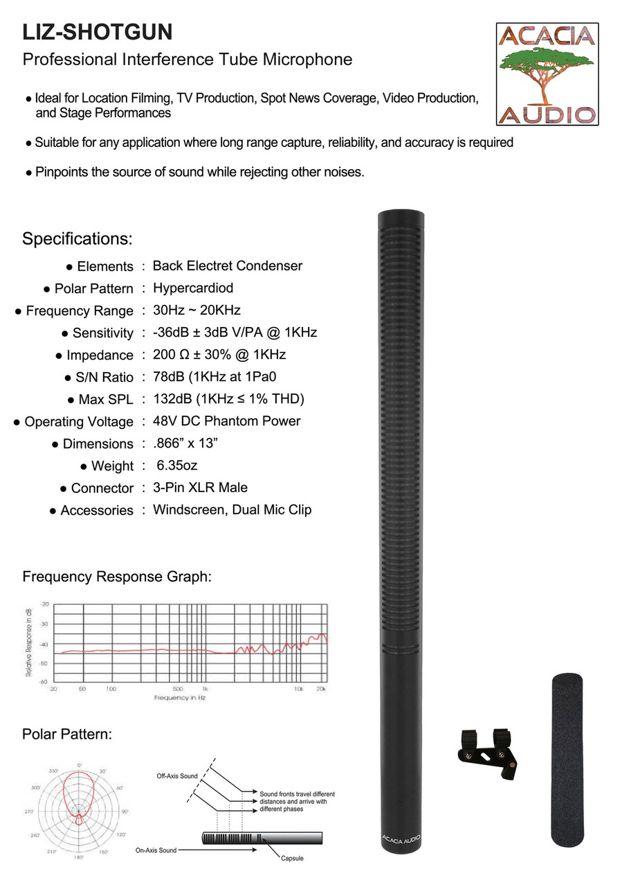 Airwave Technologies LIZ-SHOTGUN by Acacia Audio Hypercardioid Shotgun Microphone with Boom Mount, and Windscreen