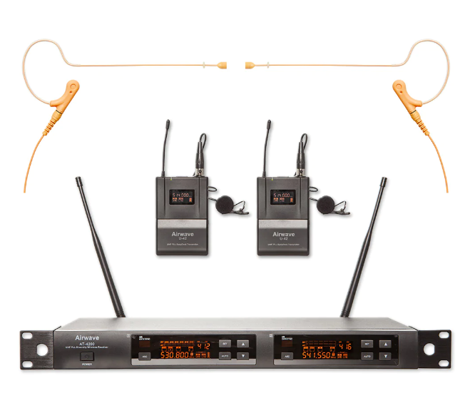 Airwave Technologies AT-4220 HSD PAK Turnkey 2 Channel Wireless System Package with 2 Lavalieres and 2 Single Ear Wireless Headsets