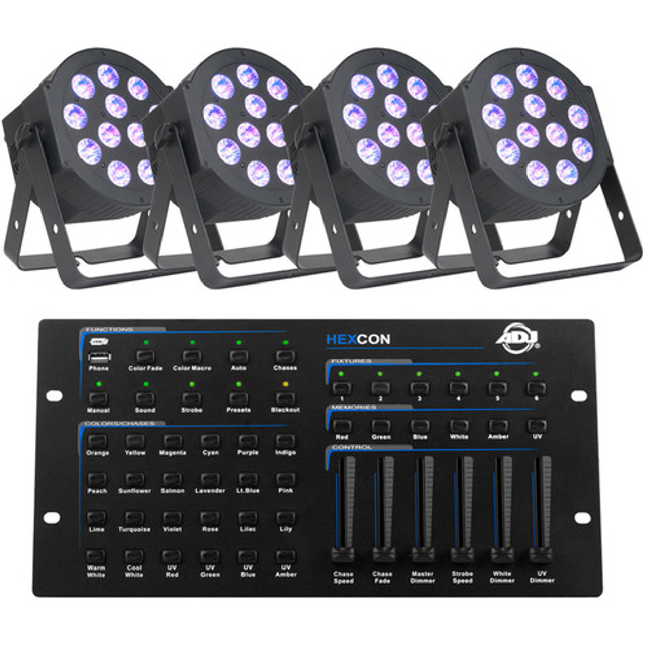 ADJ HEX PX PAR HEXCON PAK with 4 x 12PX HEX LED Par Fixtures and HEXCON Controller (Black) (HEXPXPARHEXCONPAK)