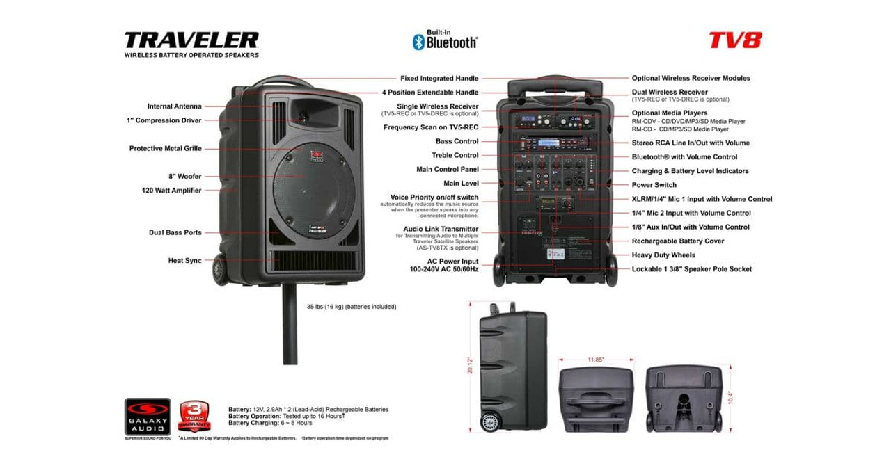 Galaxy Audio TV8-0010S000 Traveler 8 Portable Wireless PA System With Bodypack And Headset