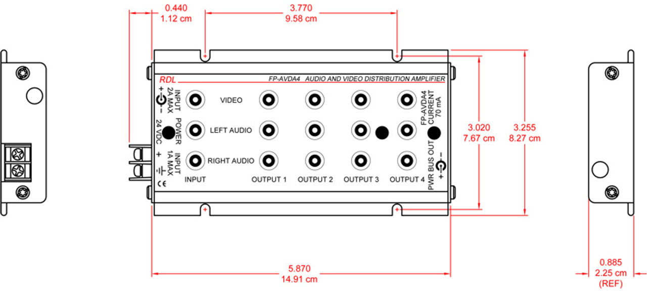 RDL FP-AVDA4 Stereo Audio/Video Distribution Amplifier - 1x4 - RCA Jacks (FP-AVDA4)