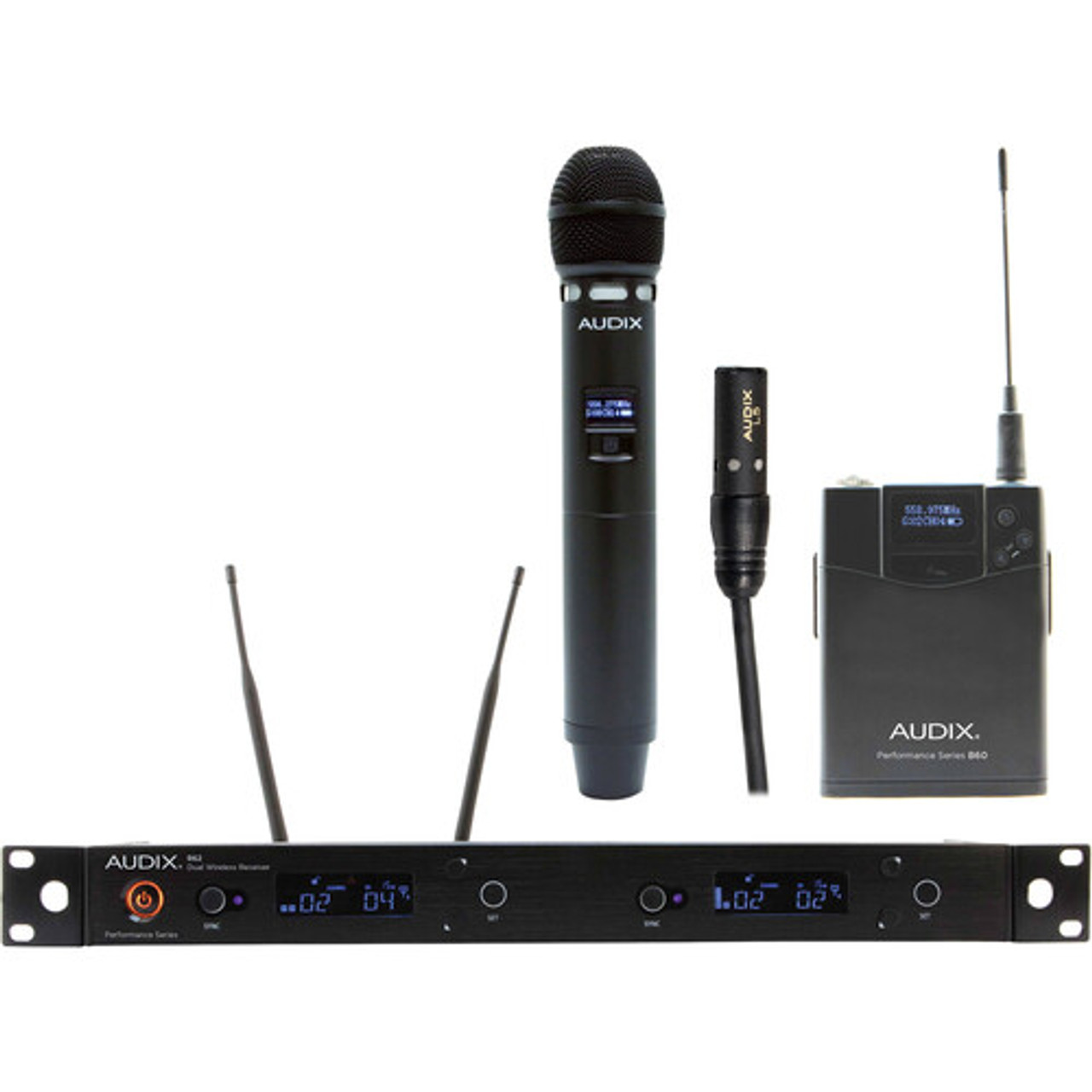 Audix AP62C55 Dual-Channel True Diversity Receiver With B60 Bodypack, L5 Lavalier Mic, & H60 VX5 Handheld Microphone Transmitter